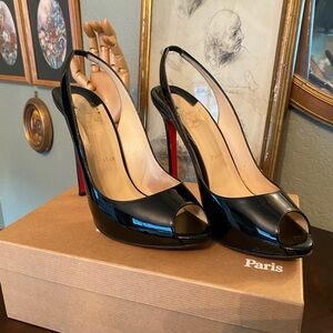 Christian Louboutin Black Patent Leather Peep Toe Sling Back Pumps - size 41.5